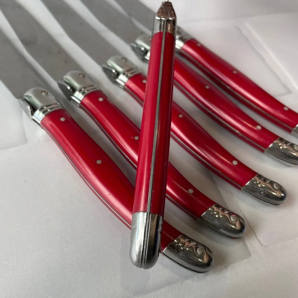 Laguiole Jean Dubost Steak Knife Set 6 Piece Red Handles French Stainless Steel